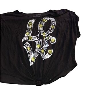 Stranded black XXL LOVE top cotton tie front w/ silk back